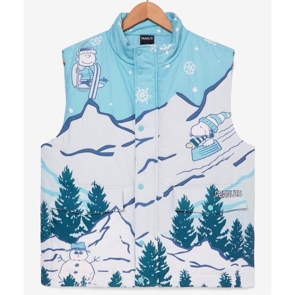 NWT Peanuts SNOOPY & Gang Skiing Scenery Winter Holiday Puffer Vest Unisex Small